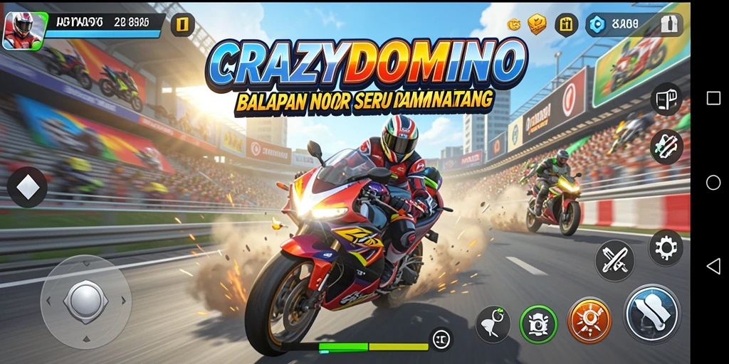 Tampilan seru dari gameplay balapan motor di CRAZYDOMINO.