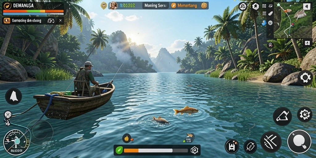 Screenshot gameplay DEWANUSA yang menampilkan suasana memancing yang menenangkan.