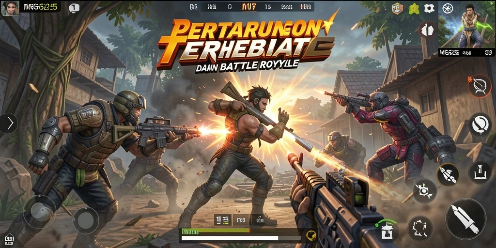 Screenshot gameplay MG525 menampilkan aksi pertarungan sengit di arena Battle Royale.
