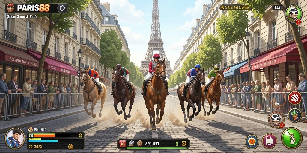 Screenshot utama PARIS88 menampilkan akselerasi dalam balapan di Paris.