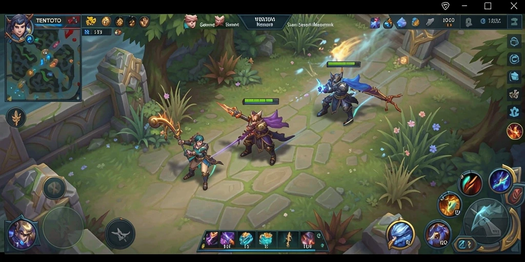Tangkapan layar gameplay TENTOTO yang menampilkan aksi pertempuran MOBA.