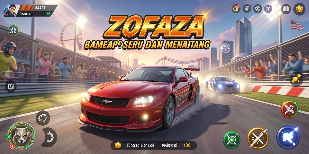 Screenshot gameplay ZOFAZA yang menampilkan lintasan balap yang penuh aksi.